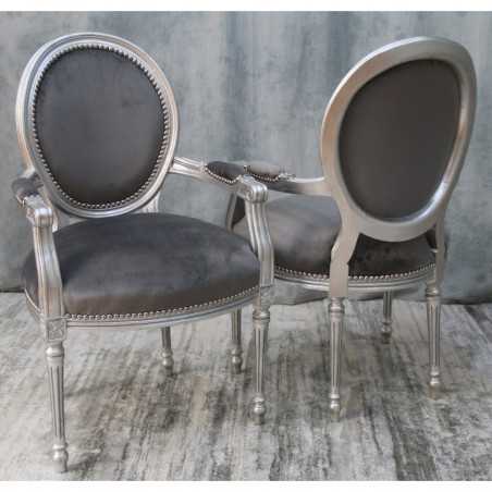 2 CHAISES MEDAILLON AVEC ACCOUDOIRS - Bois feuille d'argent et velours gris