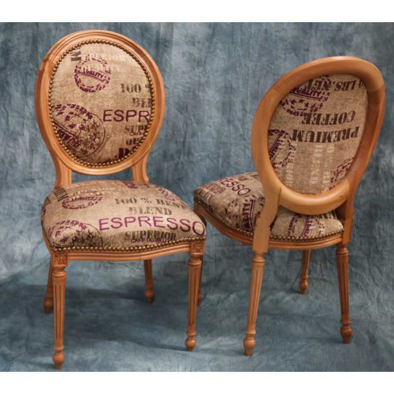 LOT 6 CHAISES MEDAILLON - "PROMO -20%"Lot 6 chaises Médaillon en stock au prix de 199€ TTC unitaire au lieu de 249€ TTC. Fabrication en bois de hêtre 100 % massif. Garniture de tapissier avec sangles, crin et ressorts. Chaises très confortables, adaptées aux gabarits grands et/ou forts, avec une hauteur d’assise de 50 cm et une hauteur totale de 101 cm.
