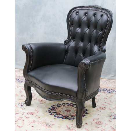 Lot 2 Fauteuils Bergères Cabriolet Style Louis XV - Bois Laqué noir avec un simili cuir Croco