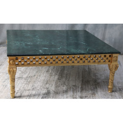 TABLE BASSE DE SALON DE STYLE LOUIS XVI - OR RICHE - MARBRE VERT - 110cm sur 110 - PROMO EN STOCK