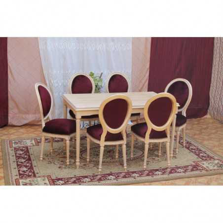 TABLE REPAS DE STYLE LOUIS XVI 130x85 - PROMO STOCK !Les MEUBLES DOBOIS vous propose cette élégante TABLE DE SALLE À MANGER DE STYLE LOUIS XVI au prix promotionnel de 399€ TTC au lieu de 999€ TTC, sous condition de l’achat simultané d’un minimum de 6 chaises sur une même commande.La structure, comprenant les pieds et la ceinture, est entièrement réalisée en bois de hêtre massif.La finition est composée d’une patine traditionnelle à base de feuille d’or, appliquée sur une assiette rougeâtre, puis légèrement patinée et blanchie afin de lui donner un aspect ancien et authentique.Le plateau est fabriqué en bois lamellé et agrémenté d’une marqueterie raffinée, apportant élégance et caractère à l’ensemble.Dimensions : 130 × 85 cmCapacité : 6 convives
