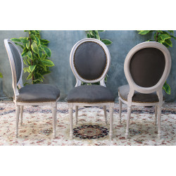 LOT 6 CHAISES MÉDAILLON - Bois cérusé blanc et velours moderne Gris