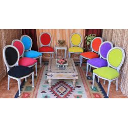 LOT 6 CHAISES MÉDAILLON - Bois Cerusé Blanc - Multicouleurs
