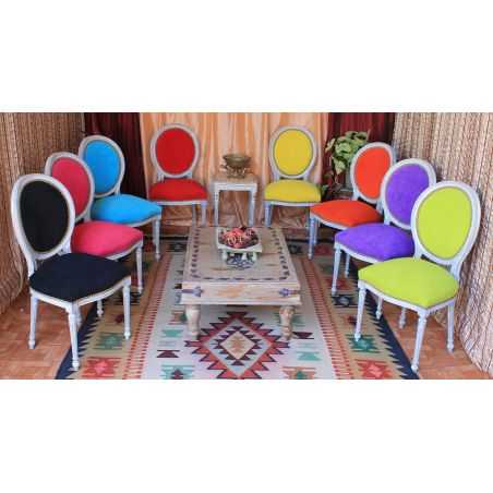 LOT 6 CHAISES MÉDAILLON - Bois Cerusé Blanc - Multicouleurs LOT 6 CHAISES MÉDAILLON - Bois Cerusé Blanc - Multicouleurs