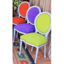 LOT 6 CHAISES MÉDAILLON - Bois Cerusé Blanc - Multicouleurs