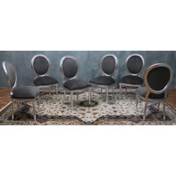 LOT 6 CHAISES MEDAILLON STYLE LOUIS XVI - bois feuille d'argent et velours gris