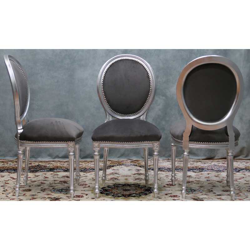 LOT 6 CHAISES MEDAILLON STYLE LOUIS XVI - bois feuille d'argent et velours gris