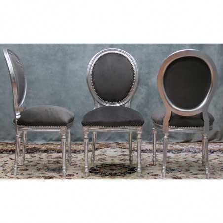 LOT 6 CHAISES MEDAILLON STYLE LOUIS XVI - bois feuille d'argent et velours gris