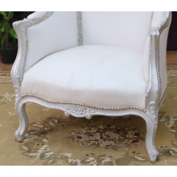 FAUTEUIL CARROSSE STYLE BAROQUE -  Bois argent, simili cuir croco blanc et velours Blanc