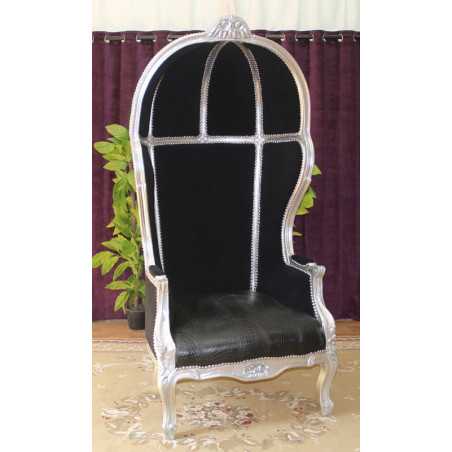 FAUTEUIL CARROSSE STYLE BAROQUE - Bois argent, simili cuir croco noir et velours noir