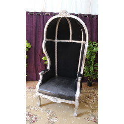 FAUTEUIL CARROSSE STYLE BAROQUE -  Bois argent, simili cuir croco noir et velours noir