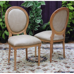 LOT 6 CHAISES MEDAILLON  - Bois vernis naturel avec un simili cuir de velours
