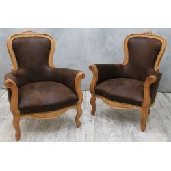 LOT 2 FAUTEUILS BERGÈRES CABRIOLET DE STYLE LOUIS XV - Bois naturel avec alcantara