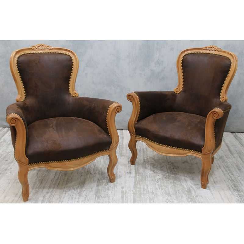LOT 2 FAUTEUILS BERGÈRES CABRIOLET DE STYLE LOUIS XV - Bois naturel avec alcantara
