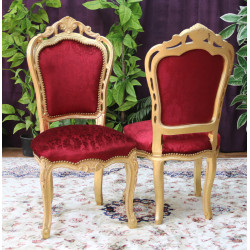 LOT 6 CHAISES DE STYLE BAROQUE - Bois feuille d'or avec tissu rouge bordeaux faux uni