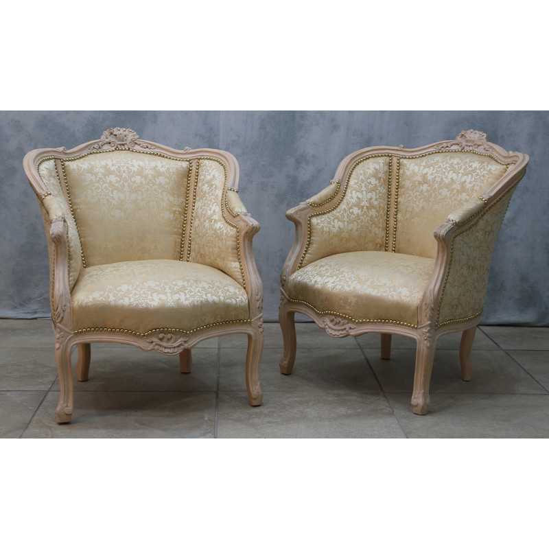 LOT 2 GRANDS FAUTEUILS CABRIOLET - Bois patine OR blanc avec un tissu creme et or