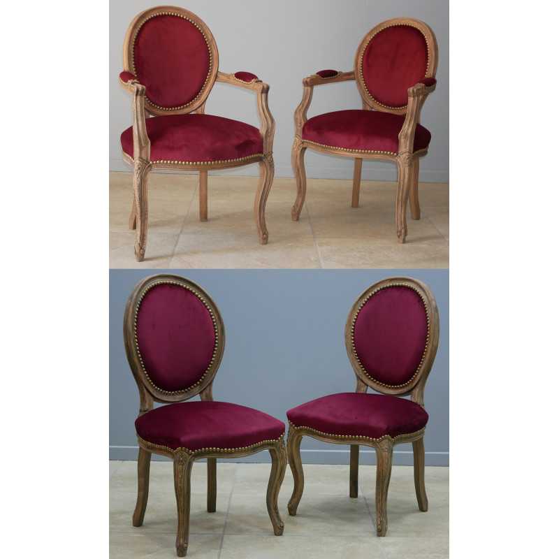 LOT 6 CHAISES MEDAILLON PIEDS LOUIS XV dont 2 avec accoudoirs - Vernis brossé chêne ancien - "PROMO STOCK -25%"