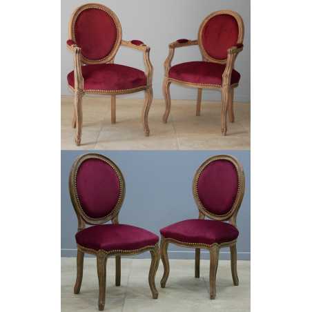 LOT 6 CHAISES MEDAILLON PIEDS LOUIS XV dont 2 avec accoudoirs - Vernis brossé chêne ancien - "PROMO STOCK -25%"
