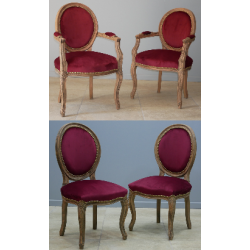LOT 6 CHAISES MEDAILLON PIEDS LOUIS XV dont 2 avec accoudoirs - Vernis brossé chêne ancien - "PROMO STOCK -25%"