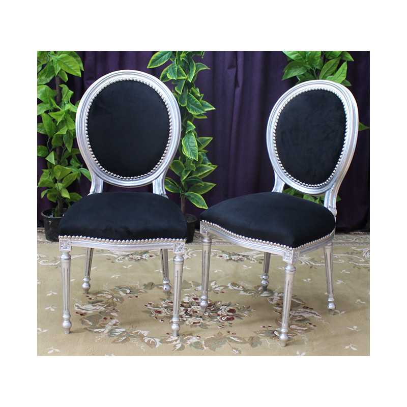LOT 4 CHAISES MEDAILLON STYLE LOUIS XVI -  bois feuille d'argent et velours noir
