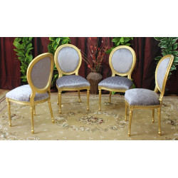LOT 4 CHAISES MEDAILLON STYLE LOUIS XVI - bois feuille d'Or riche avec tissu faux uni gris perle