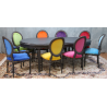 LOT 6 CHAISES MÉDAILLON MULTICOLORES - Bois laqué noir - "PROMO -20%"Lot 6 chaises Médaillon en stock au prix de 199€ TTC unitaire au lieu de 249€ TTC. Fabrication en bois de hêtre 100 % massif. Garniture de tapissier avec sangles, crin et ressorts. Chaises très confortables, adaptées aux gabarits grands et/ou forts, avec une hauteur d’assise de 50 cm et une hauteur totale de 101 cm.