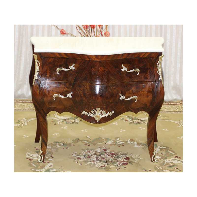 Commode en Marqueterie de Style Louis XV - Marbre blanc - Largeur 80cm