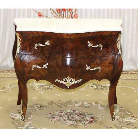 Commode en Marqueterie de Style Louis XV - Marbre blanc - Largeur 80cmMagnifique Commode en marqueterie et marbre blanc. Largeur 80cm.Possibilité de fabrication sur mesure avec choix des dimensions, de la forme, du modèle et des finitions : bois laqué, vernis ou marqueterie. Consultez notre catalogue pour découvrir toutes les options disponibles.