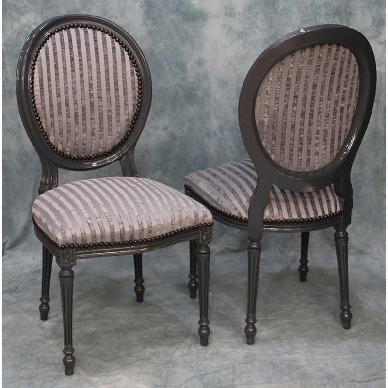 LOT 6 CHAISES MEDAILLON - Bois laqué gris - "PROMO -20%"