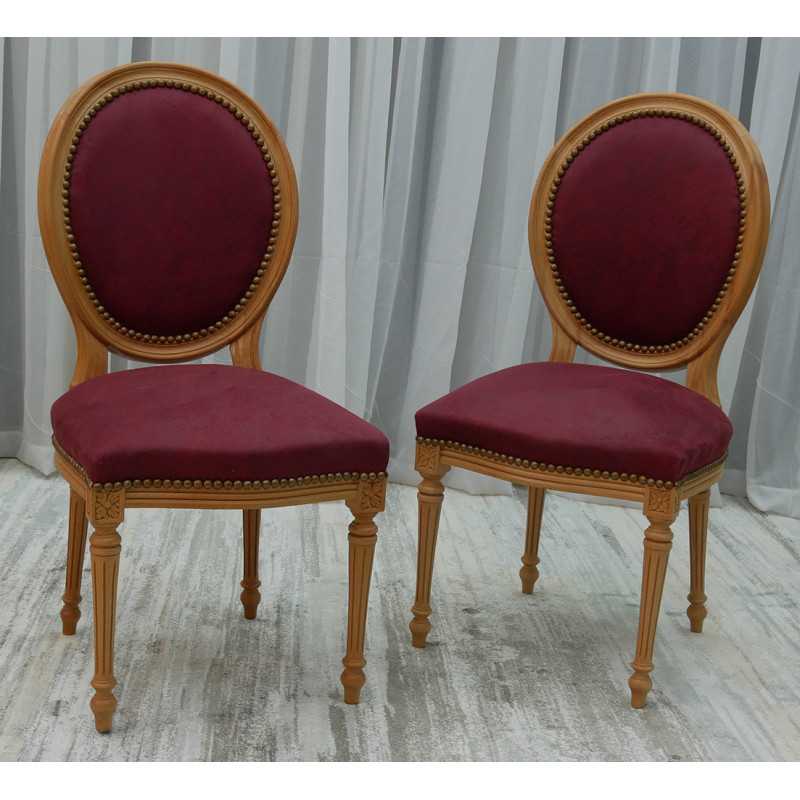 LOT 6 CHAISES MEDAILLON - Vernis naturel - Simili Cuir Velours Alcantara Daim Rouge et Noir