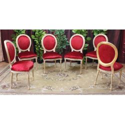 LOT 8 CHAISES MEDAILLON DONT 2 CHAISES AVEC ACCOUDOIRS - Bois feuille d'or riche et tissu motifs rouge et bordeaux