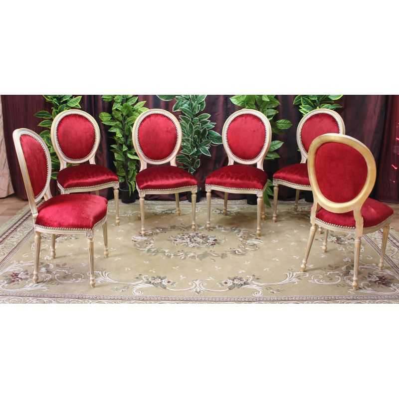 LOT 8 CHAISES MEDAILLON DONT 2 CHAISES AVEC ACCOUDOIRS - Bois feuille d'or riche et tissu motifs rouge et bordeaux
