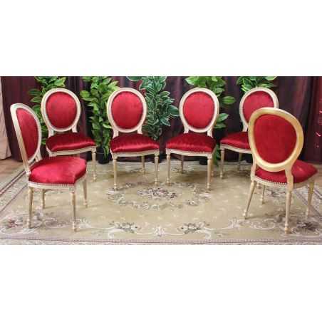 LOT 8 CHAISES MEDAILLON DONT 2 CHAISES AVEC ACCOUDOIRS - Bois feuille d'or riche et tissu motifs rouge et bordeaux LOT 8 CHAISES MEDAILLON DONT 2 CHAISES AVEC ACCOUDOIRS - Bois feuille d'or riche et tissu motifs rouge et bordeaux