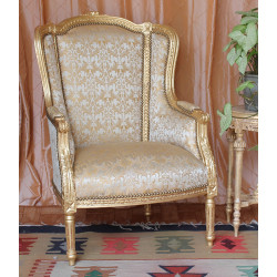 Salon 3 Pans Style Louis XVI avec un Canapé 3 places 175cm et 2 Fauteuils - Bois patine or et blanc et tissus crème et blanc