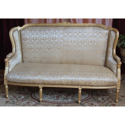 SALON 3 PANS DE STYLE LOUIS XVI - BOIS DORÉ ET BLANC - TISSUS CRÈME ET OR - 3 Places 175cm