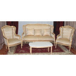 SALON 3 PANS DE STYLE LOUIS XVI - BOIS DORÉ ET BLANC - TISSUS CRÈME ET OR - 3 Places 175cm