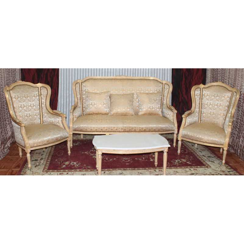 SALON 3 PANS DE STYLE LOUIS XVI - BOIS DORÉ ET BLANC - TISSUS CRÈME ET OR - 3 Places 175cm