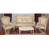 SALON 3 PANS DE STYLE LOUIS XVI - BOIS DORÉ ET BLANC - TISSUS CRÈME ET OR - 3 Places 175cm