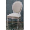 LOT 6 CHAISES MÉDAILLON - Cérusé blanc Lin Ivoire Galon Ivoire - "PROMO -20%"Lot 6 chaises Médaillon en stock au prix de 199€ TTC unitaire au lieu de 249€ TTC. Fabrication en bois de hêtre 100 % massif. Garniture de tapissier avec sangles, crin et ressorts. Chaises très confortables, adaptées aux gabarits grands et/ou forts, avec une hauteur d’assise de 50 cm et une hauteur totale de 101 cm.