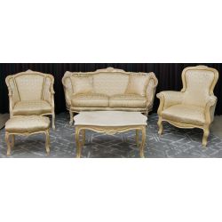 Salon Marquise avec un Canapé 3 places 175cm et 2 Fauteuils - Bois patine or et blanc et tissus crème et