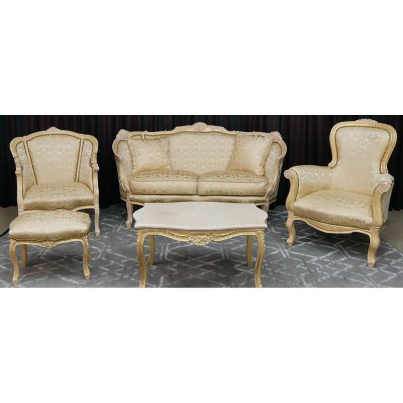 Salon Marquise avec un Canapé 3 places 175cm et 2 Fauteuils - Bois patine or et blanc et tissus crème et 