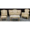 Salon Marquise avec un Canapé 3 places 175cm et 2 Fauteuils - Bois patine or et blanc et tissus crème et 