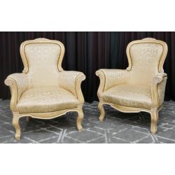 Salon Marquise avec un Canapé 3 places 175cm et 2 Fauteuils - Bois patine or et blanc et tissus crème et 