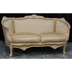 Salon Marquise avec un Canapé 3 places 175cm et 2 Fauteuils - Bois patine or et blanc et tissus crème et 