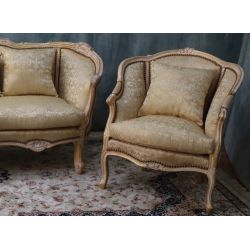 Salon Marquise avec un Canapé 3 places 175cm et 2 Fauteuils - Bois patine or et blanc et tissus crème et 