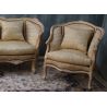 Salon Marquise avec un Canapé 3 places 175cm et 2 Fauteuils - Bois patine or et blanc et tissus crème et 