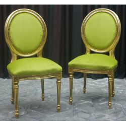 LOT 4 CHAISES MEDAILLON - Patine feuille d'Or noircis avec velours vert"PROMO -20%"