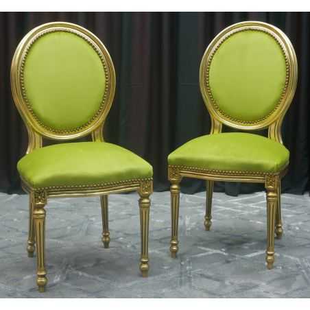 LOT 4 CHAISES MEDAILLON - Patine feuille d'Or noircis avec velours vert"PROMO -20%" LOT 4 CHAISES MEDAILLON - Patine feuille d'Or noircis avec velours vert"PROMO -20%"