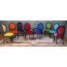 LOT 6 À 14 CHAISES MÉDAILLON MULTICOLORES EN STOCK - Bois laqué noirLOT 6 À 14 CHAISES MÉDAILLON MULTICOLORES - Bois laqué noirMulticolores = une couleur différente par chaise.Chaises Médaillon Louis XVI en hêtre 100% massif, robustes, spacieuses et confortables, adaptées aussi bien aux particuliers pour un usage quotidien qu’aux professionnels de la restauration pour une utilisation intensive.Finition du bois : laqué noir.Prix promotionnel sur stock : 199€ TTC l’unité, exclusivement sur les modèles actuellement en stock et jusqu’à épuisement des stocks.Prix sur commande : 249€ TTC l’unité.Minimum de commande : 6 chaises.Nous disposons en permanence d’environ 8 à 12 couleurs de velours moderne en stock. Près de 800 couleurs et références de tissus sont disponibles sur commande, avec différentes matières comme le simili cuir, le lin, le coton, etc.Le stock disponible immédiatement est exclusivement proposé en velours moderne.Les couleurs disponibles en stock sont visibles dans notre catalogue, rubrique « Velours moderne ». Pour les fabrications sur commande, consultez également toutes les autres rubriques de tissus et revêtements.Hauteur d’assise : 48/50 cmHauteur totale : 100/101 cmLargeur d’assise : 48/50 cm