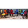 LOT 6 À 14 CHAISES MÉDAILLON MULTICOLORES EN STOCK - Bois laqué noirLOT 6 À 14 CHAISES MÉDAILLON MULTICOLORES - Bois laqué noirMulticolores = une couleur différente par chaise.Chaises Médaillon Louis XVI en hêtre 100% massif, robustes, spacieuses et confortables, adaptées aussi bien aux particuliers pour un usage quotidien qu’aux professionnels de la restauration pour une utilisation intensive.Finition du bois : laqué noir.Prix promotionnel sur stock : 199€ TTC l’unité, exclusivement sur les modèles actuellement en stock et jusqu’à épuisement des stocks.Prix sur commande : 249€ TTC l’unité.Minimum de commande : 6 chaises.Nous disposons en permanence d’environ 8 à 12 couleurs de velours moderne en stock. Près de 800 couleurs et références de tissus sont disponibles sur commande, avec différentes matières comme le simili cuir, le lin, le coton, etc.Le stock disponible immédiatement est exclusivement proposé en velours moderne.Les couleurs disponibles en stock sont visibles dans notre catalogue, rubrique « Velours moderne ». Pour les fabrications sur commande, consultez également toutes les autres rubriques de tissus et revêtements.Hauteur d’assise : 48/50 cmHauteur totale : 100/101 cmLargeur d’assise : 48/50 cm
